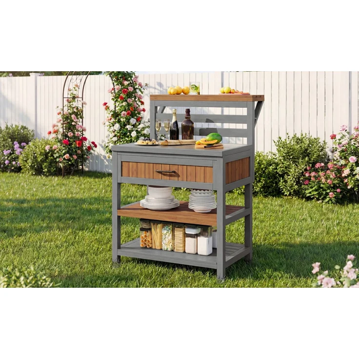 Merax Gartenschrank Holz Outdoor wetterfest Geräteschrank, Outdoor-Schrank mit Edelstahl-Arbeitsplatte & großer Schublade, Grillstation mit doppelter Ablage, kippsicheres Design – Bild 7