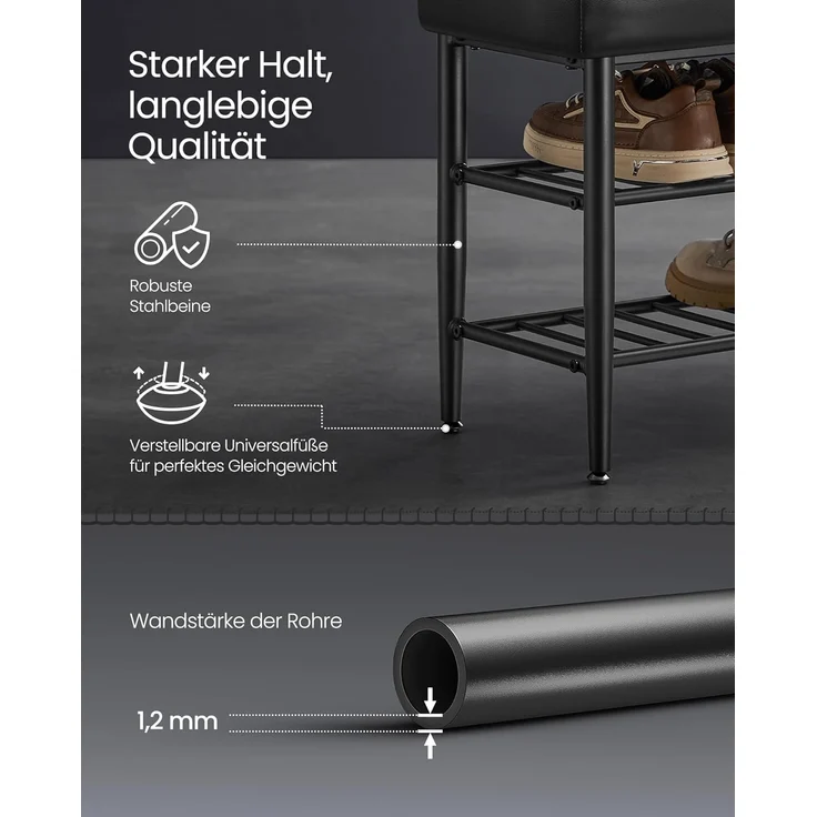 VASAGLE EKHO Kollektion - Schuhbank, Sitzbank, Sitztruhe, Eingangsbereich, Kunstleder, Nähte, Mid-Century-Modern-Stil, modern, bis 135 kg belastbar, 30 x 100 x 50 cm, tintenschwarz LSB113B01 – Bild 6