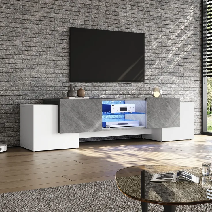 TV Lowboard 180cm weiß grau mit LED Beleuchtung App 4 Türen für 60-70 Zoll Fernseher Spanplatte