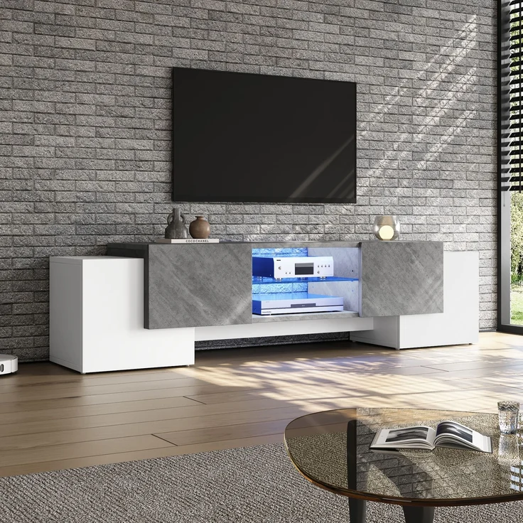 TV Lowboard 180cm weiß grau mit LED Beleuchtung App 4 Türen für 60-70 Zoll Fernseher Spanplatte – Bild 1