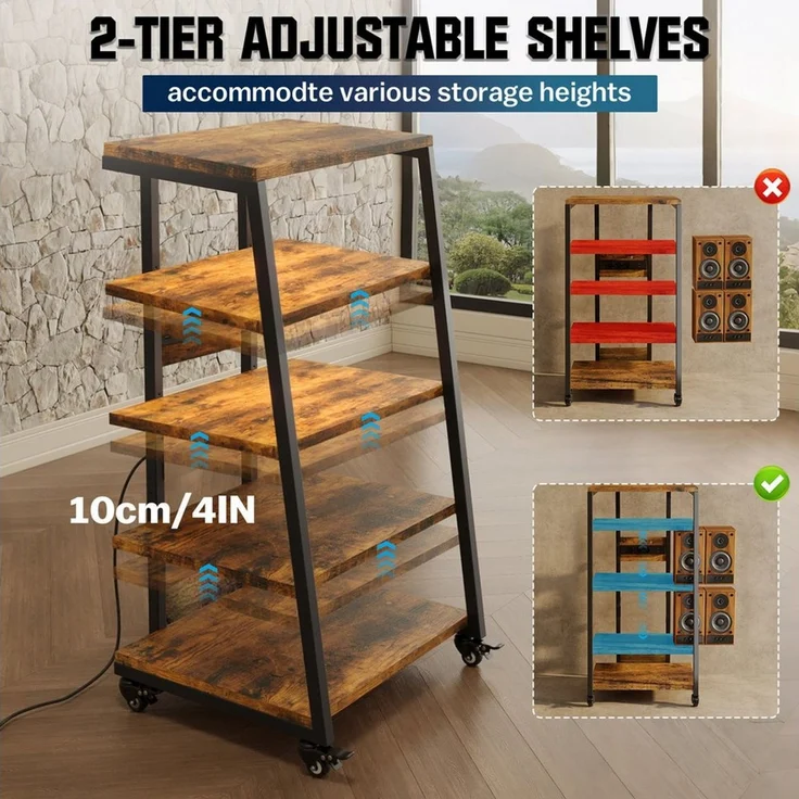 XIIW Media-Board TV-Regal HiFi-Rack mit RGB-LEDs & 4 Rollen TV Rack TV Ständer (5 Etagen, 60 x 52 x110 cm), Media-Regal mit 2 RGB-LEDs per App, Verstellbaren Ablagen, bis 140 kg – Bild 4