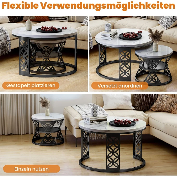 2er-Set Couchtisch nestbar 70x70x45 + 45x45x37 cm, Marmor-Furnier, Metallrahmen, Kontrastdesign – Bild 8