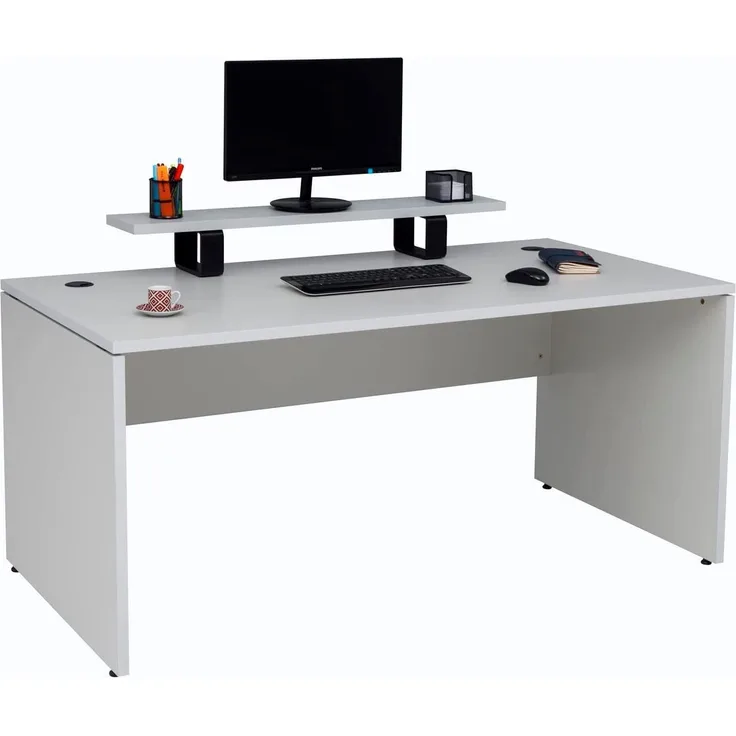 furni24 Schreibtisch fürs Arbeitszimmer und Home Office - Großer laminierter Computertisch aus Holz, 2 Kabeldurchlässe, Bodengleiter (Grau, inkl. Monitorständer, 180 x 80 x 75 cm)