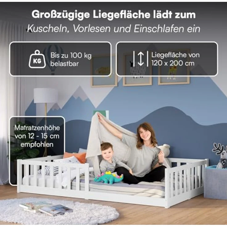 Bellabino Vere Bodenbett 120x200 cm – Montessori Kinderbett mit Rausfallschutz & Lattenrost, Massives Boden Bett für Jungen & Mädchen aus Holz Kiefer – Kleinkindbett in Weiß – Bild 6