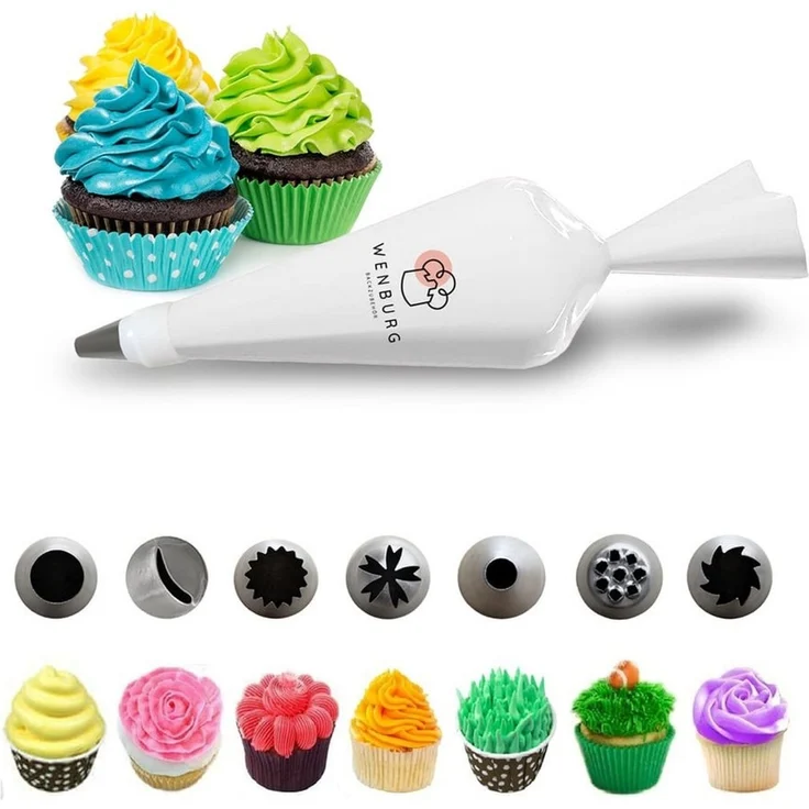 Wenburg Spritzbeutel Set - 7 Große Spritzbeutel, Professionelle Edelstahl-Aufsätze für Kuchen, Torten, Cupcake-Dekoration (Set Premium Plus) - Teigspritze Backzubehör Set - Spritzbeutel mit Zubehör – Bild 2