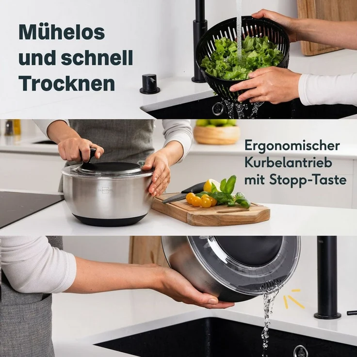 SILBERTHAL Salatschleuder Set Edelstahl mit Deckel, (3er Set, 3-tlg), Spülmaschinenfest, zum Servieren & Aufbewahren – Bild 2