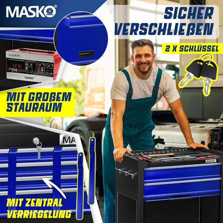 MASKO® Werkstattwagen inkl. Koffer, 9 Fächer, Abschließbar, Massives Metall, Werkzeug-Wagen ohne Werkzeug, Rollwagen zur Werkzeugaufbewahrung, mit Schloss, Blau – Bild 5