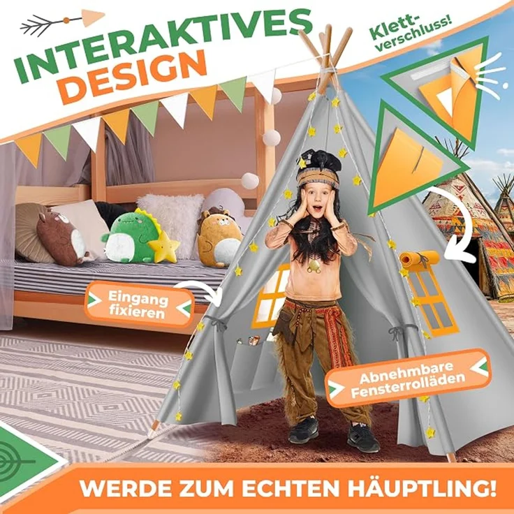 KIDIZ® Tipi Zelt für Kinder Spielzelt 100 x 100 x 160 cm Kinderzelt aus Baumwolle mit LED-Lichterkette, Leuchtstern, Fahnengirlande, 3 Plüschtiere, Untermatte & Tragetasche Spielhaus für drinnen & draußen Grau – Bild 3