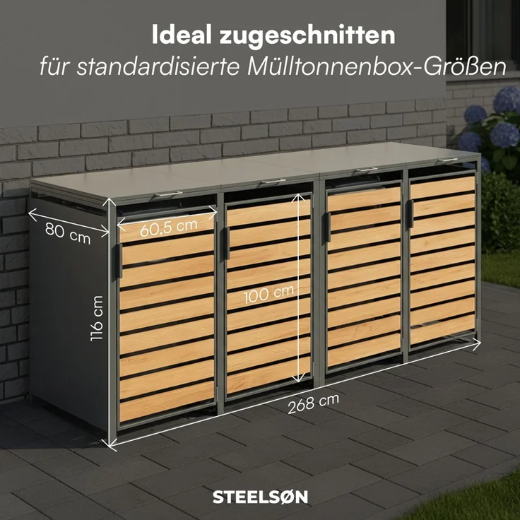 STEELSØN 'Kestra' Mülltonnenbox 4er je 240 Liter, anthrazit mit Holzoptik, Mülltonnenverkleidung aus Stahl, wetterfest, 116x80x268 cm, Müllbox für 4 Tonnen – Bild 6