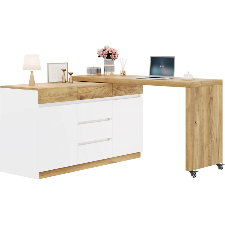 Schreibtisch-Set 78x120x45 cm mit Sideboard, Rollen und 6 Schubladen, Weiß/Eiche-Optik – Bild 7