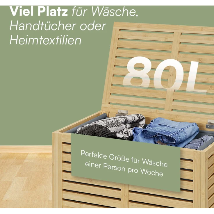 Bellamio 'Newa' Wäschesammler, 80 Liter, Bambus, herausnehmbarer Wäschesack aus Oxford-Gewebe, anthrazit, Wäschekorb mit Deckel – Bild 4
