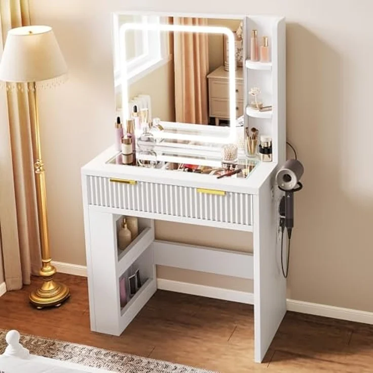 YITAHOME Klein Schminktisch mit Verstellbarer LED-Beleuchtung und Steckdosen, Frisiertisch für das Schlafzimmer, Make-up-Tisch mit transparenter Glasplatte, weiß, 80 x 40 x 140 cm – Bild 1