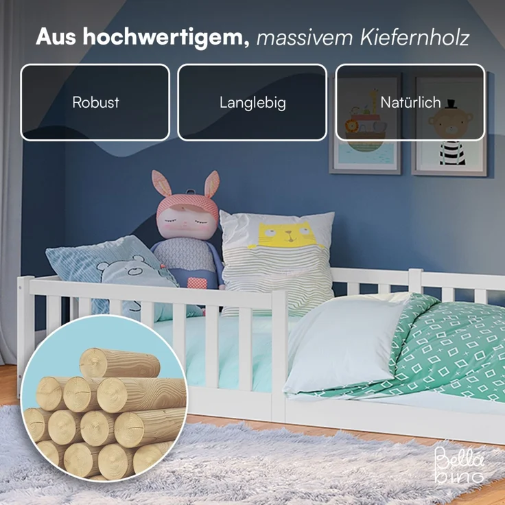 Bellabino 'Vere' Bodenbett 90x200 cm, weiß, Massivholz Kiefer, Montessori Kinderbett mit Rausfallschutz und Lattenrost – Bild 6