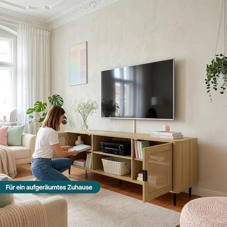 Fernsehschrank Lukhomso 152x40x54 cm Eicheoptik/Rattanoptik [en. casa] – Bild 5