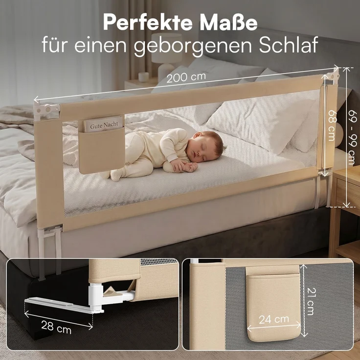Bellabino 'Drina' Bettschutzgitter mit 2 Sicherheitsgurten, Rausfallschutz klappbar & höhenverstellbar, aus Oxford-Stoff & Metall, 180 cm, beige – Bild 8