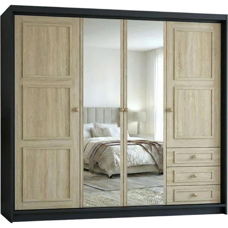Drehtürenschrank OSLO viertüriger Kleiderschrank mit Schubladen und Metallgriffen – Bild 2