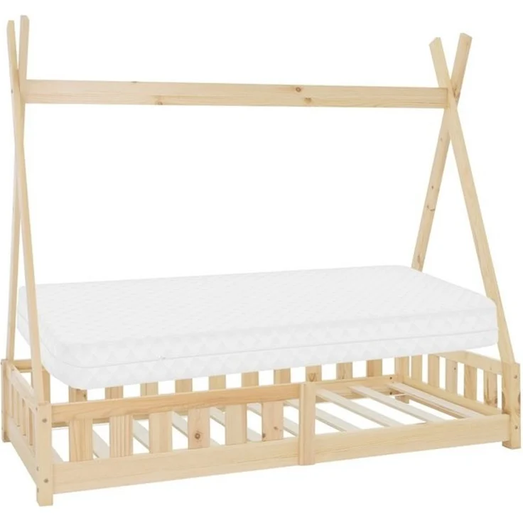 ML-DESIGN Spielbett Hausbett Tipi Zeltbett inkl. Lattenrost Bodenbett Kinder Himmelbett, Abenteuerbett mit Rausfallschutz Zelt Bett Kiefer Kinderhaus Natur – Bild 4