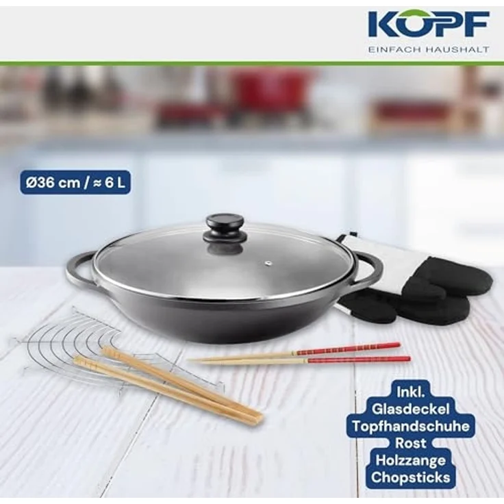Kopf Wok Mai-Lu, Aluminiumguss, Ø 36 cm, Induktion, Antihaftbeschichtung, inkl. Glasdeckel & Zubehör – Bild 3