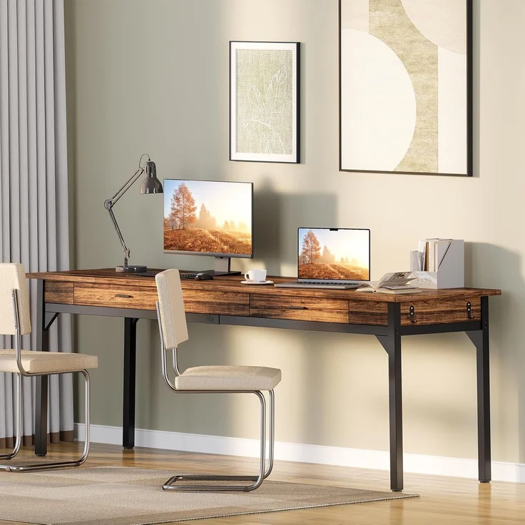 LITTLE TREE Schreibtisch Computertisch 200 cm, großer Schreibtisch aus Industriell Holz und Metall als Bürotisch Arbeitstisch für 2 Personen, ideal für Homeoffice oder Wohnzimmer, Rustikales Braun – Bild 3