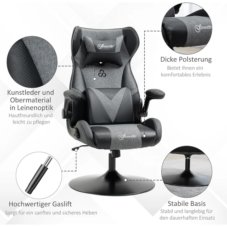 Vinsetto Schreibtischstuhl höhenverstellbarer Bürostuhl, 360° drehbar (Gamingstuhl, 1 St), für Büro, Schlafzimmer, Schwarz – Bild 8
