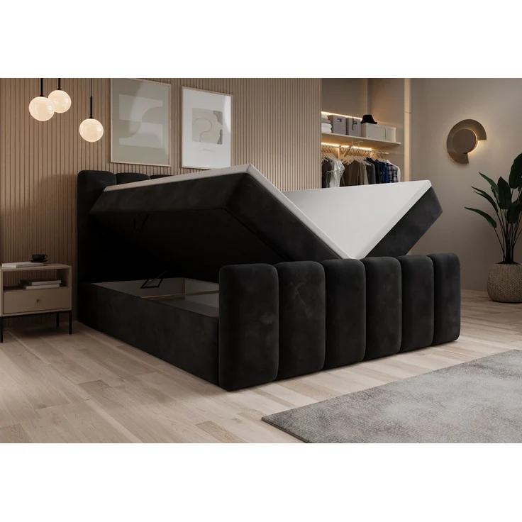 thematys Boxbett mit Bettkasten 140x200cm, mit Bonnellfederkernmatratze H3, Bouclé/Velours, mit Stauraum, mit 3 cm Topper, Schwarz (Velluto 20), Art.-Nr. S0ZH40NO7T4 – Bild 4