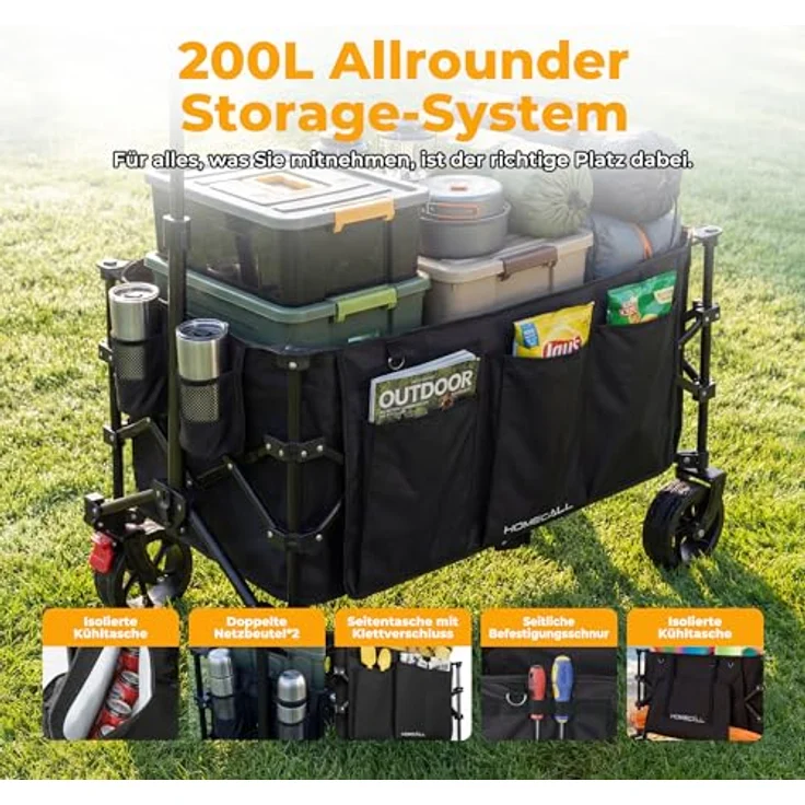 HOMECALL All-Terrain Bollerwagen 200L XXL-Volumen, klappbar mit Kühltasche, 200 kg Tragkraft, für Einkaufen, Camping und Garten – Bild 2
