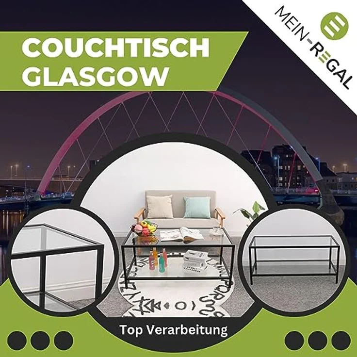Mein-Regal Couchtisch Glasgow aus Metall mit Glasoberfläche und Ablagefach Schwarz – Bild 7