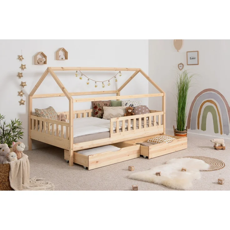 Ticaa Hausbett Kay mit Rausfallschutz und Schubkasten aus Kiefer, Kinderbett 140x200, inkl. Dach, mit Rollrost – Bild 5