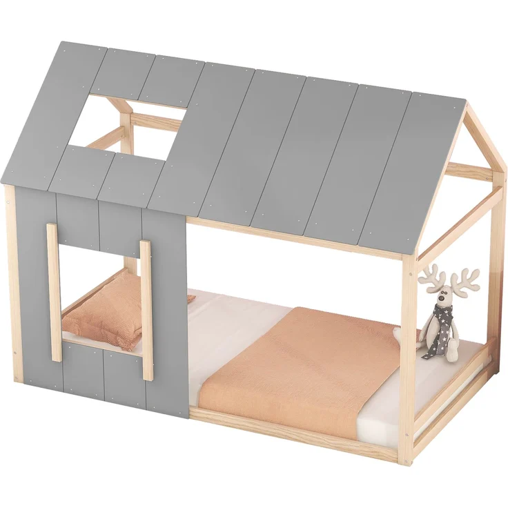 Kinderbett 90x200 cm in Hausform, Montessori Bett mit Dach und Fenster,offenes Design zum Dekorieren,Natur & Grau – Bild 6