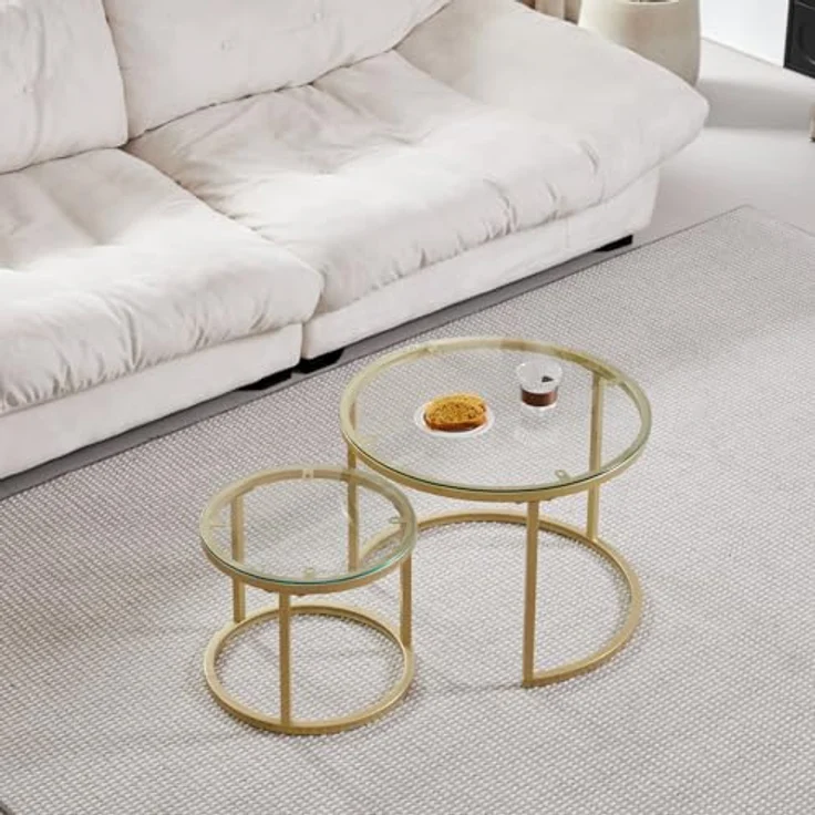 GrandCA HOME Couchtisch 2er Set,Stapelbarer Couchtisch, Couchtische Rund, Gehärtete Glasplatte, Vergoldete Metallbeine，Geeignet für Wohnzimmer, Esszimmer, Café（Ø60x45H cm，Ø40x35H cm） – Bild 2