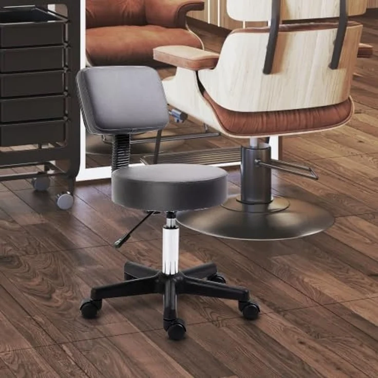 HOMCOM Rollhocker Höhenverstellbarer Arbeitshocker mit Lehne, Drehbarer Salon Hocker für Massage Büro Kunstleder Grau Ø35x72-84 cm – Bild 2