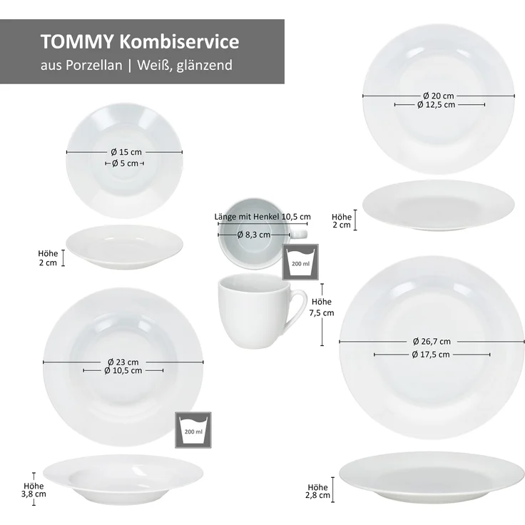 30tlg Kombiservice Tommy weiß Porzellan 6 Personen Tassen Teller – Bild 6