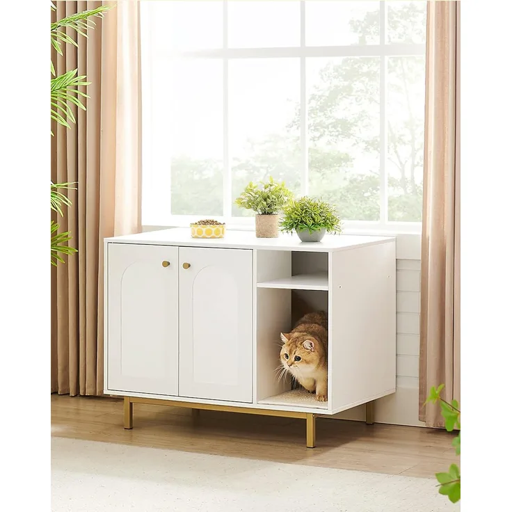 Katzenschrank, mit Tür und separater Trennwand, Spanplatte, Stahl, Weiß und Gold, 50 x 80 x 61 cm