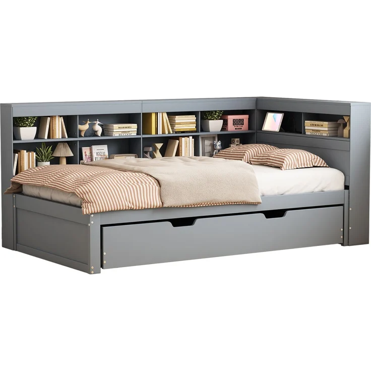CHICFURN Ausziehbett aus Holz Grau 90x200 cm mit Auszug 90x190 cm, USB-Anschluss und Stauraum – Bild 7