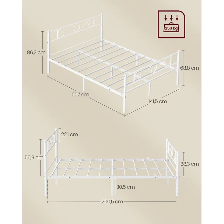 VASAGLE Bett 140 x 200 cm, Gästebett, Doppelbett aus Metall, Bettgestell, Bettrahmen, Metallbett, einfache Montage, mattweiß – Bild 2