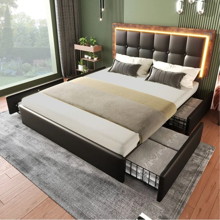 MODFU Polsterbett mit LED Beleuchtung und 4 Schubladen auf Rollen (147.5x207x92-102cm(BxLxH),Inklusive-Matratze(H25cm) , verstellbarem Kopfteil), mit Stauraum – Bild 2