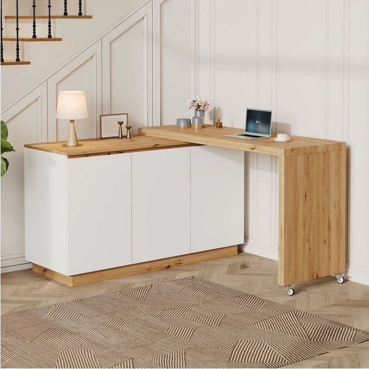 Merax Eckschreibtisch Schreibtisch mit drehbarer Tischplatte (1-St, feststellbaren Rollen, 2-in-1 Design), Bürotisch, Sideboard, Arbeitstisch – Bild 1