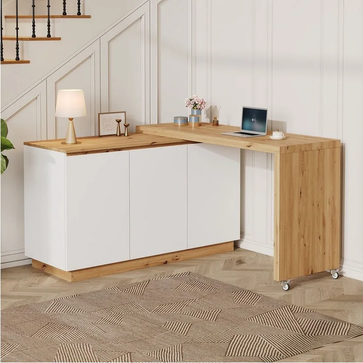 Merax Eckschreibtisch Schreibtisch mit drehbarer Tischplatte (1-St, feststellbaren Rollen, 2-in-1 Design), Bürotisch, Sideboard, Arbeitstisch