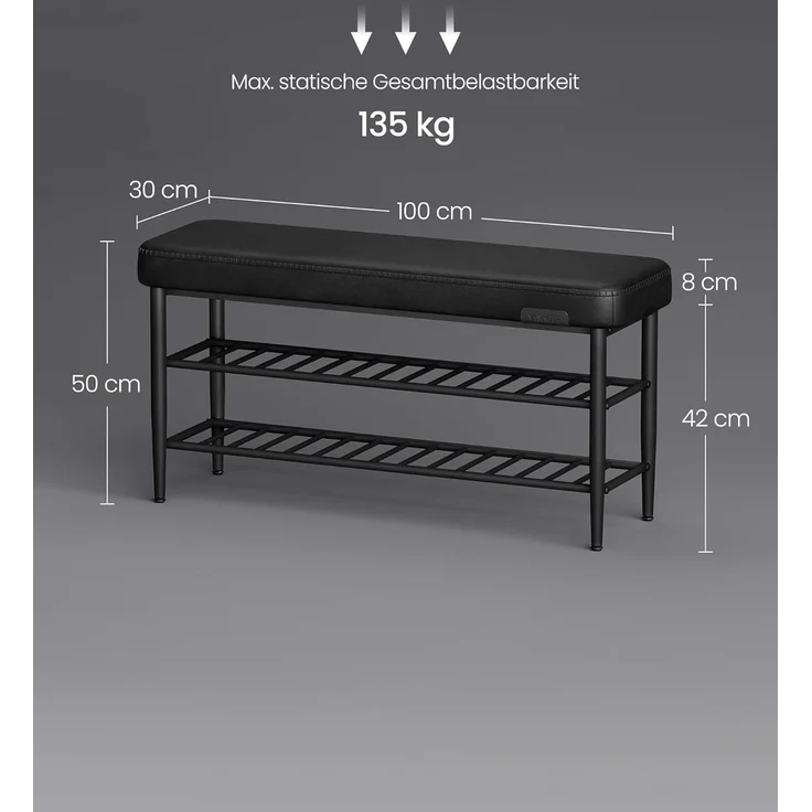 VASAGLE EKHO Kollektion - Schuhbank, Sitzbank, Sitztruhe, Eingangsbereich, Kunstleder, Nähte, Mid-Century-Modern-Stil, modern, bis 135 kg belastbar, 30 x 100 x 50 cm, tintenschwarz LSB113B01 – Bild 3