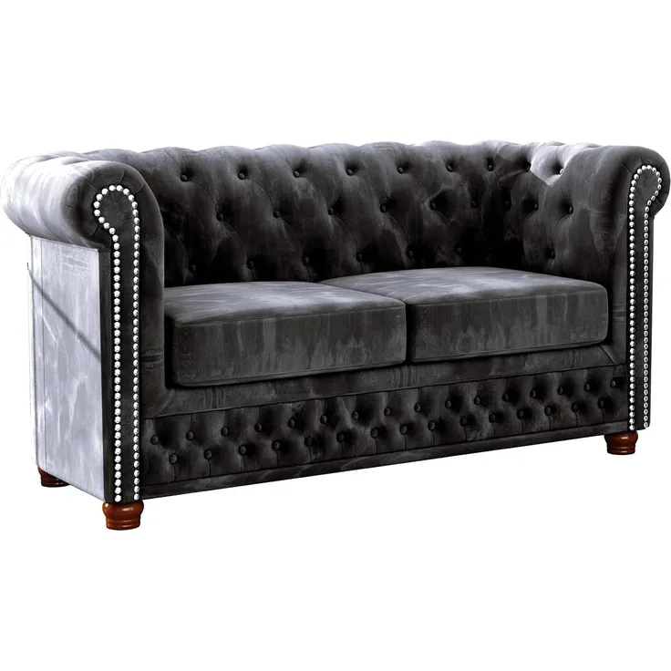 S-Style Möbel Chesterfield-Sofa Leeds 2-Sitzer aus Samt-Stoff mit Holzfüßen, mit Wellenfederung