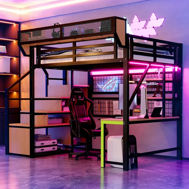 Merax Hochbett 140 × 200 cm, Kinderbett Jugendbett, Mit Schreibtisch, Regal und Aufbewahrungsnetz, Komplett Mit Sicherheitsleiter, LED-Beleuchtung und Steckdose, Erhöhtem Geländer, Schwarz – Bild 3