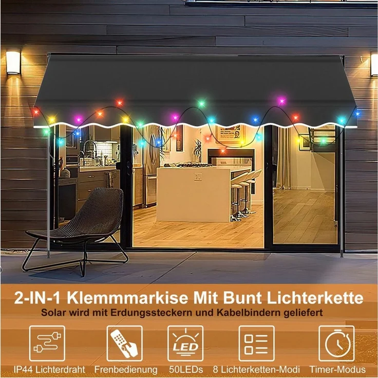 Clanmacy Klemmmarkise Klemmmarkise mit LED 300cm Balkonmarkise Markise mit Handkurbel Grau – Bild 3