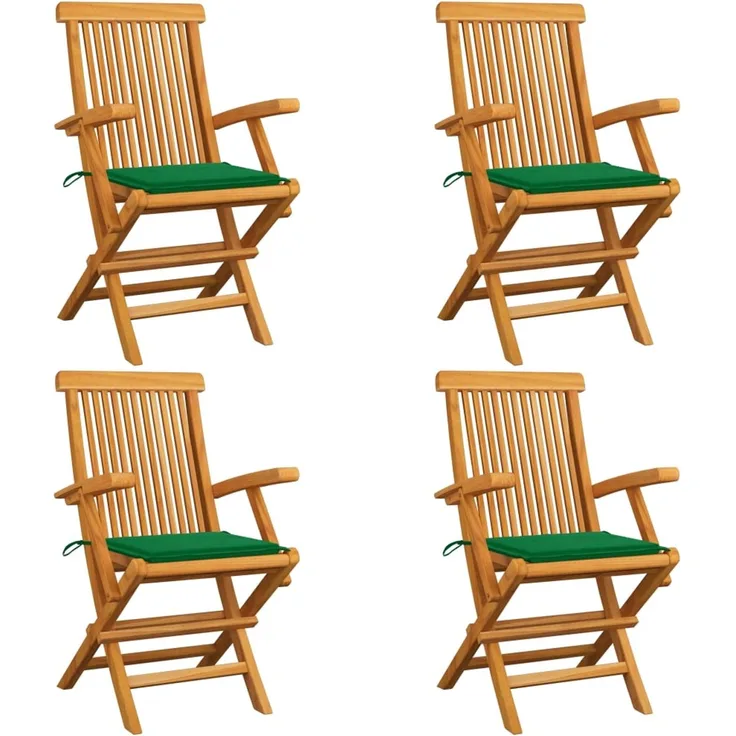 Gartenstühle mit Grünen Kissen 4 Stk. Teak Massivholz