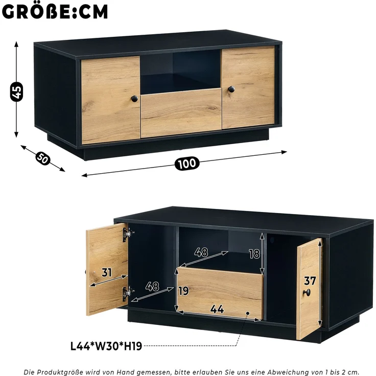 Couchtisch 100 x 50 x 45 cm, mit Schubladen, mit Ablagefächern, aus Spanplatte, Mattschwarz / Naturfarben – Bild 11
