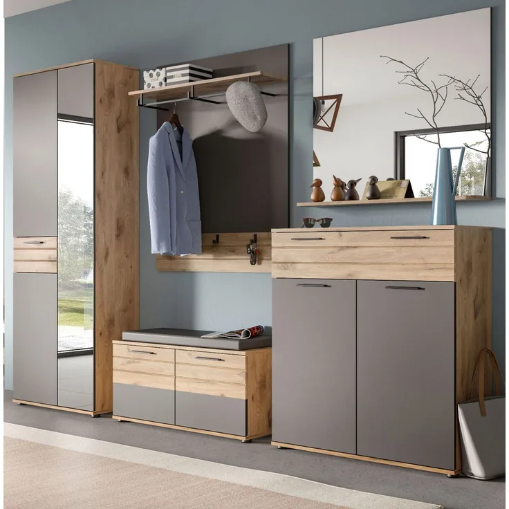 Garderobe Set 5-tlg. Tomaso in Eiche und grau 280 cm