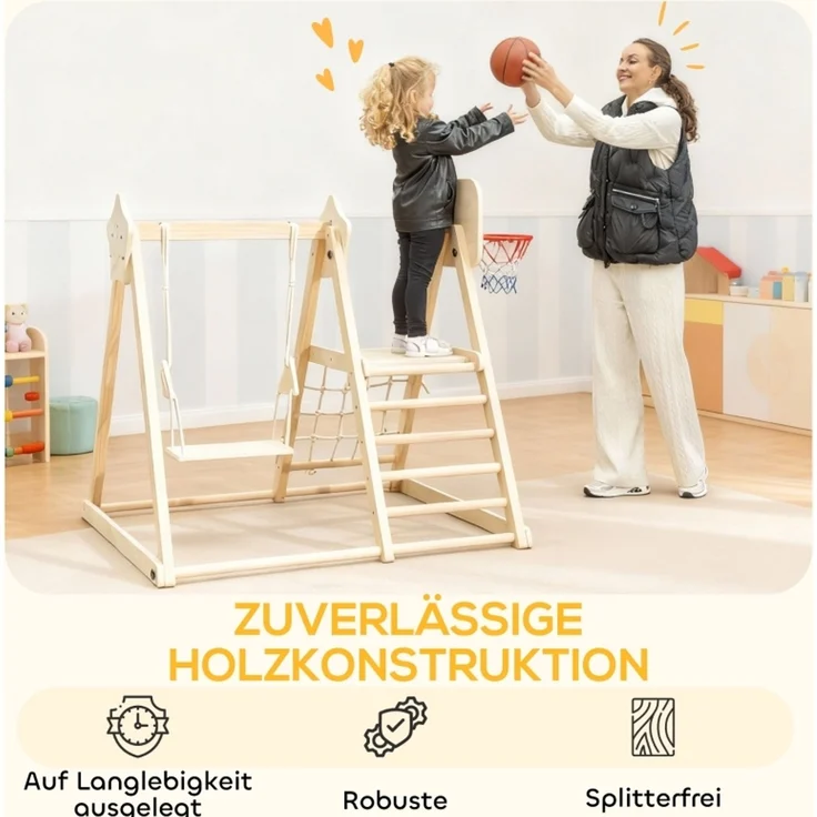 LVHOM Indoor Klettergerüst aus Massivholz, mit Kinderschaukel, Rutsche, Kletterwand & Basketballkorb, klappbar, Stabil bis 50kg, Natur – Bild 7