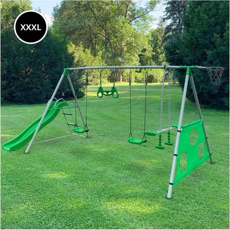 HyperMotion SWING HYP9, Mehrkindschaukel Kinder Spielset XXXL mit Rutsche, Kletternetz und Fußballtor, grün