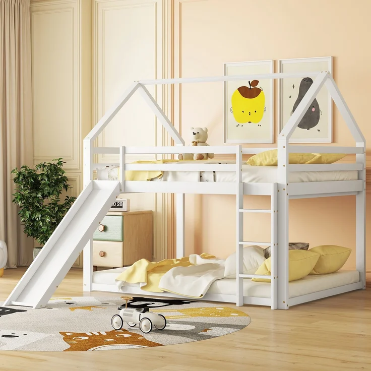 Bett 140x200 cm Haus-Etagenbett mit Rutsche und Leiter – zwei großzügige Liegeflächen für Kinderzimmer – Bild 1