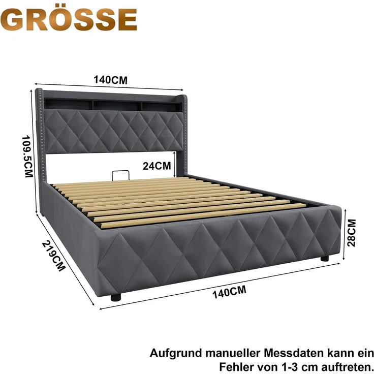 Polsterbett 140x200 cm mit Stauraum, LED und USB-Anschlüssen, Dunkelgrau – Ohne Matratze – Bild 4