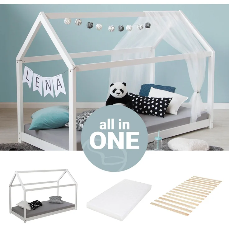 Kinderbett 80x160 cm mit Matratze Hausbett Weiß Bodenbett Montessori Bett Holzbett Lattenrost – Bild 1